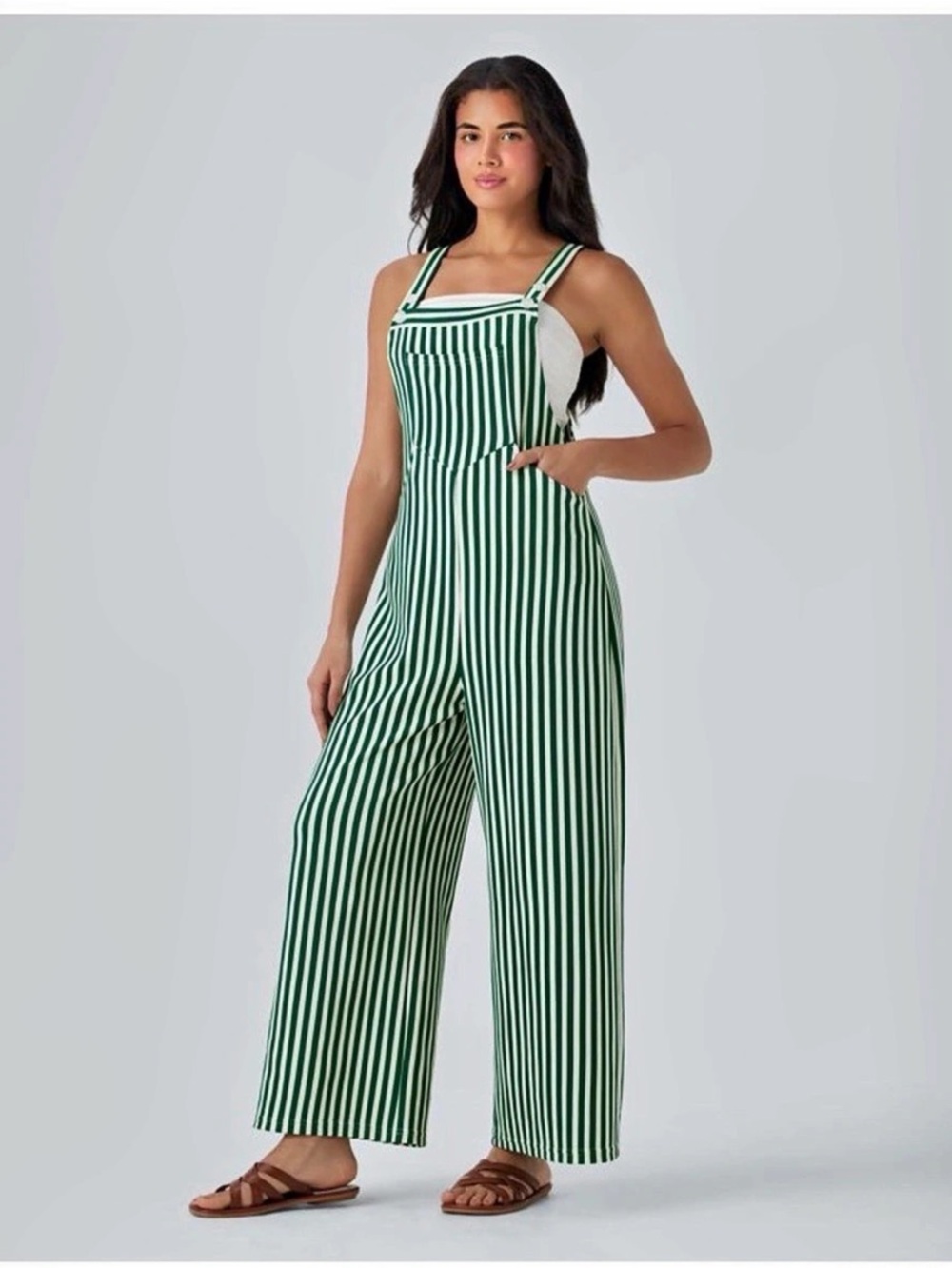 Halara Green & White Striped Wide-Leg Jumpsuit Overalls
